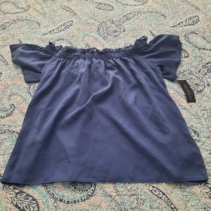 Navy Ruffle Neck Top